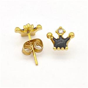 Stainless Steel Crown Stud Earring Black Enamel Gold Plated, approx 7-8mm