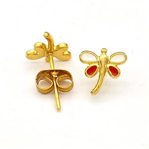 Stainless Steel Dragonfly Stud Earring Enamel Gold Plated, approx 8mm