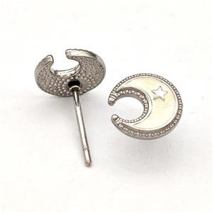 Raw Stainless Steel Moon Star Stud Earring White Enamel, approx 8.5mm