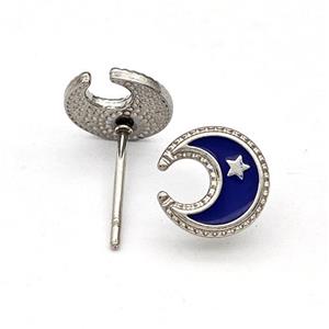 Raw Stainless Steel Moon Star Stud Earring Darkblue Enamel, approx 8.5mm