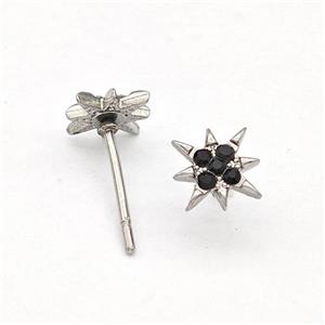 Raw Stainless Steel NorthStar Stud Earring Pave Black Rhinestone, approx 8mm