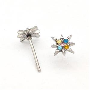 Raw Stainless Steel NorthStar Stud Earring Pave Multicolor Rhinestone, approx 8mm