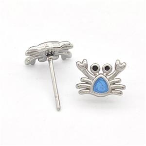 Raw Stainless Steel Crab Stud Earring Blue Enamel, approx 7-9mm