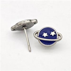 Raw Stainless Steel Planet Stud Earring DarkBlue Enamel, approx 8-11.5mm