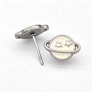 Raw Stainless Steel Planet Stud Earring White Enamel, approx 8-11.5mm