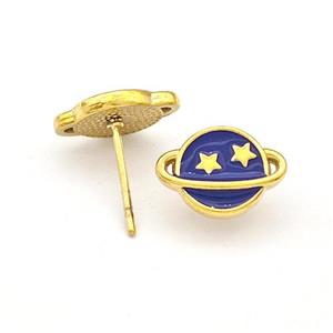 Stainless Steel Planet Stud Earring Darkblue Enamel Gold Plated, approx 8-11.5mm