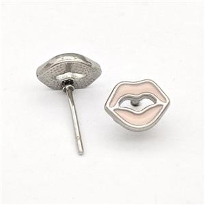 Raw Stainless Steel Lip Stud Earring Pink Enamel, approx 7-8mm