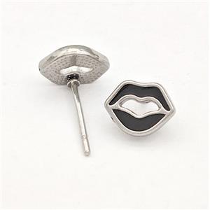 Raw Stainless Steel Lip Stud Earring Black Enamel, approx 7-8mm