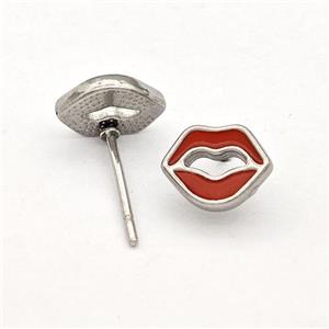 Raw Stainless Steel Lip Stud Earring Red Enamel, approx 7-8mm