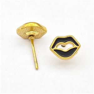 Stainless Steel Lip Stud Earring Black Enamel Gold Plated, approx 7-8mm