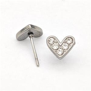 Raw Stainless Steel Hear Stud Earrings Pave Rhinestone, approx 8.5mm