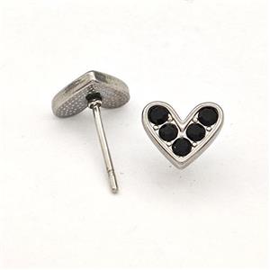 Raw Stainless Steel Hear Stud Earrings Pave Black Rhinestone, approx 8.5mm