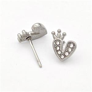 Raw Stainless Steel Heart Stud Earrings Pave Rhinestone Crown, approx 9-10mm