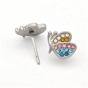 Raw Stainless Steel Butterfly Stud Earrings Pave Rhinestone, approx 9-10mm