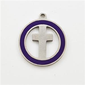 Raw Stainless Steel Cross Pendant Circle Purple Enamel, approx 16mm