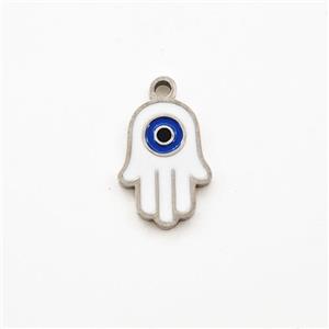 Raw Stainless Steel Hand Pendant White Enamel Evil Eye, approx 7-10mm