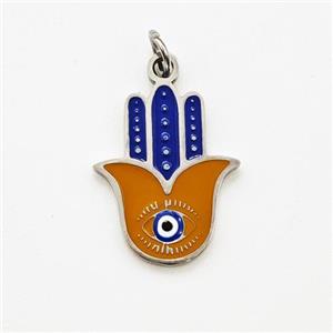 Raw Stainless Steel Hand Pendant Blue Coffee Enamel Evil Eye, approx 12-15mm