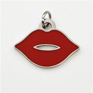 Raw Stainless Steel Lips Pendant Red Enamel, approx 11-18mm