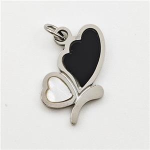 Raw Stainless Steel Butterfly Pendant Black Enamel, approx 9.5-16mm