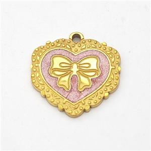 Stainless Steel Heart Pendant Bowknot Pink Painted Gold Plated, approx 15-16.5mm