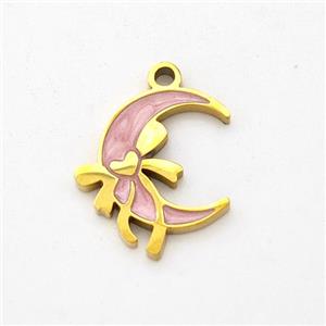 Stainless Steel Moon Pendant Bowknot Pink Painted Gold Plated, approx 12-14mm