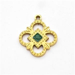 Stainless Steel Flower Pendant Pave Green Jade Gold Plated, approx 14.5mm