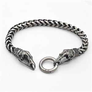 304 Stainless Steel Bracelet Crowhead Antique Silver, approx 9-22mm, 18mm, 6mm, 21cm length