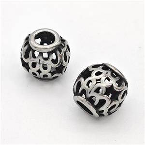 Stainless Steel Round Beads Hollow Large Hole Antique Silver, approx 9-10mm, 4mm hole