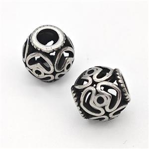 Stainless Steel Round Beads Hollow Large Hole Antique Silver, approx 9-10mm, 4mm hole