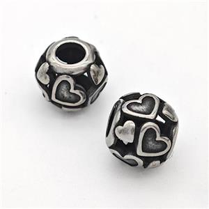 Stainless Steel Round Beads Hollow Large Hole Antique Silver Heart, approx 9-10mm, 4mm hole