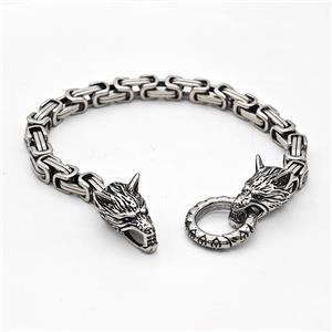 304 Stainless Steel Wolf Bracelet Antique Silver, approx 11-25mm, 19mm, 6mm, 21cm length