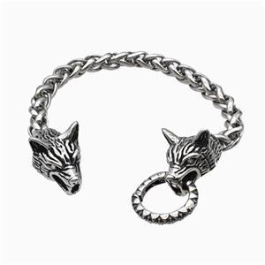 304 Stainless Steel Bracelet Wolf Antique Silver, approx 18-30mm, 8mm, 21cm length