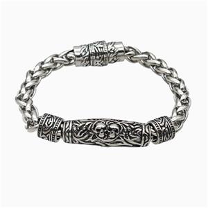 304 Stainless Steel Bracelet Skull Antique Silver, approx 12-30mm, 11mm, 8mm, 21cm length