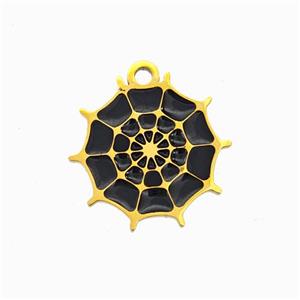 Halloween Spiderweb Charms 304 Stainless Pendant Black Enamel Gold Plated, approx 15mm