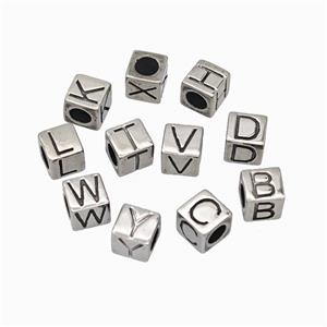 Raw Stainless Steel Letter Beads Large Hole Mix Alphabet Cube, approx 8mm, 5mm hole