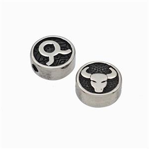 Stainless Steel Coin Beads Zodiac Taurus Antique Silver, approx 10mm