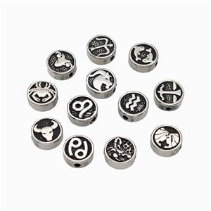 Stainless Steel Coin Beads Zodiac Antique Silver Flat Round Mixed, approx 10mm