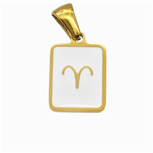 Stainless Steel Symbol Pendant Zodiac Aries White Enamel Rectangle Gold Plated, approx 11-13mm