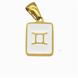 Stainless Steel Symbol Pendant Zodiac Gemini White Enamel Rectangle Gold Plated, approx 11-13mm