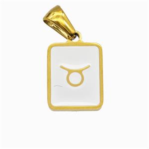 Stainless Steel Symbol Pendant Zodiac Taurus White Enamel Rectangle Gold Plated, approx 11-13mm