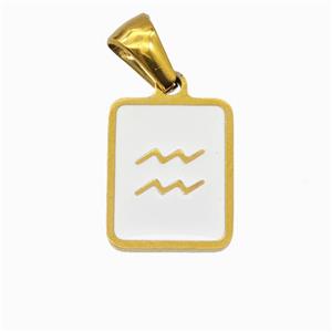 Stainless Steel Symbol Pendant Zodiac Aquarius White Enamel Rectangle Gold Plated, approx 11-13mm