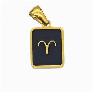 Stainless Steel Symbol Pendant Zodiac Aries Black Enamel Rectangle Gold Plated, approx 11-13mm