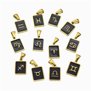 Stainless Steel Symbol Pendant Zodiac Black Enamel Rectangle Gold Plated Mixed, approx 11-13mm