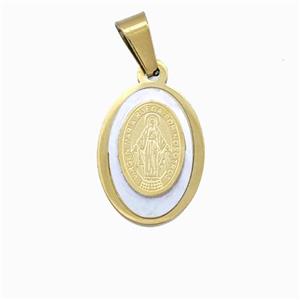 Jesus Charms Stainless Steel Oval Pendant Pave Shell Gold Plated, approx 13-18mm