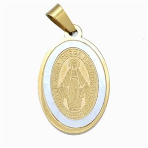 Jesus Charms Stainless Steel Oval Pendant Pave Shell Gold Plated, approx 17-25mm