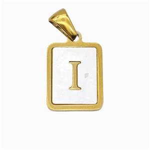 Stainless Steel Rectangle Pendant Pave Shell Letter-I Gold Plated, approx 12-15mm