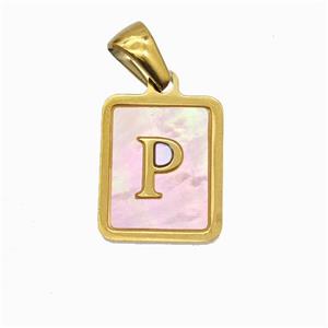 Stainless Steel Rectangle Pendant Pave Pink Shell Letter-P Gold Plated, approx 12-15mm