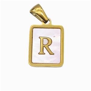 Stainless Steel Rectangle Pendant Pave Pink Shell Letter-R Gold Plated, approx 12-15mm