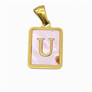 Stainless Steel Rectangle Pendant Pave Pink Shell Letter-U Gold Plated, approx 12-15mm