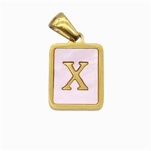 Stainless Steel Rectangle Pendant Pave Pink Shell Letter-X Gold Plated, approx 12-15mm